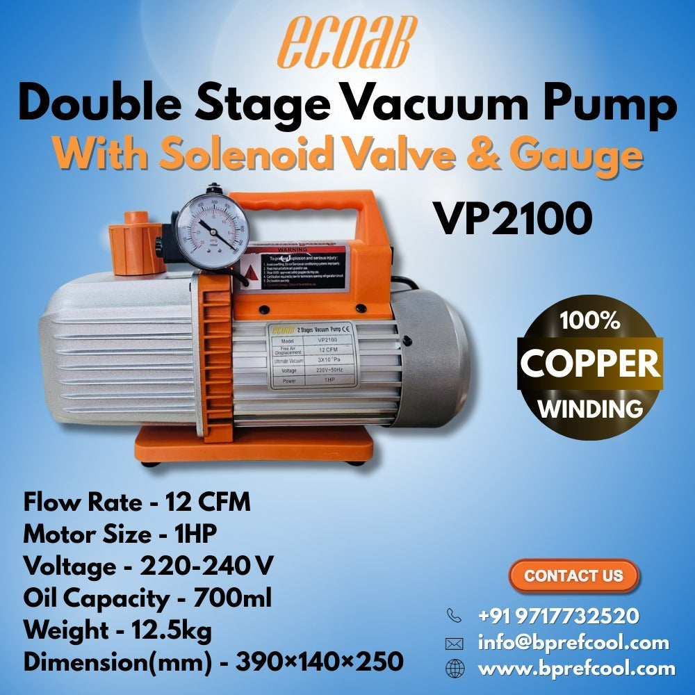 Double Stage Vacuum Pump with Solenoid Valve and Pressure Guage BRAND ECOAB (VP2100) 12 CFM ECOAB