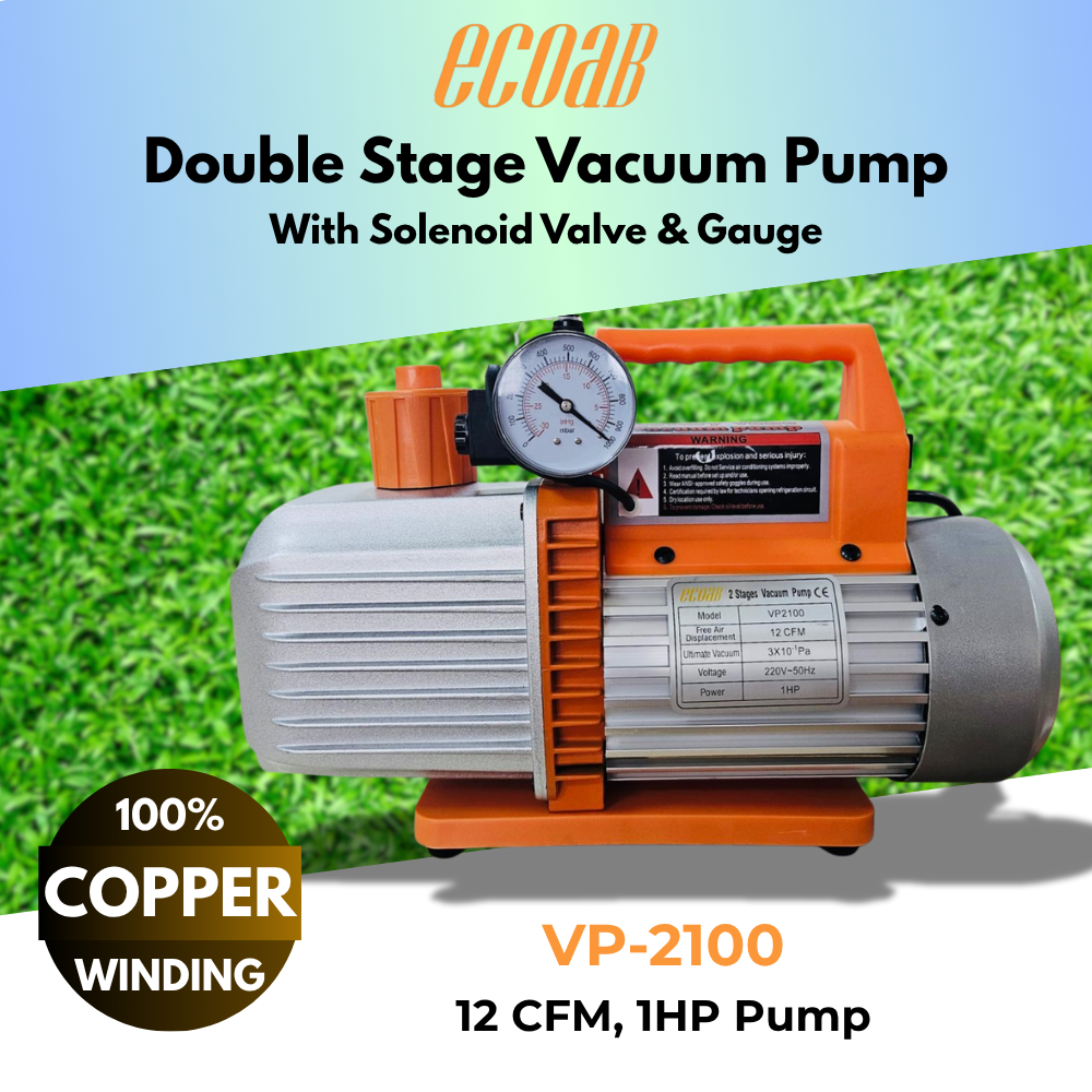 Double Stage Vacuum Pump with Solenoid Valve and Pressure Guage BRAND ECOAB (VP2100) 12 CFM